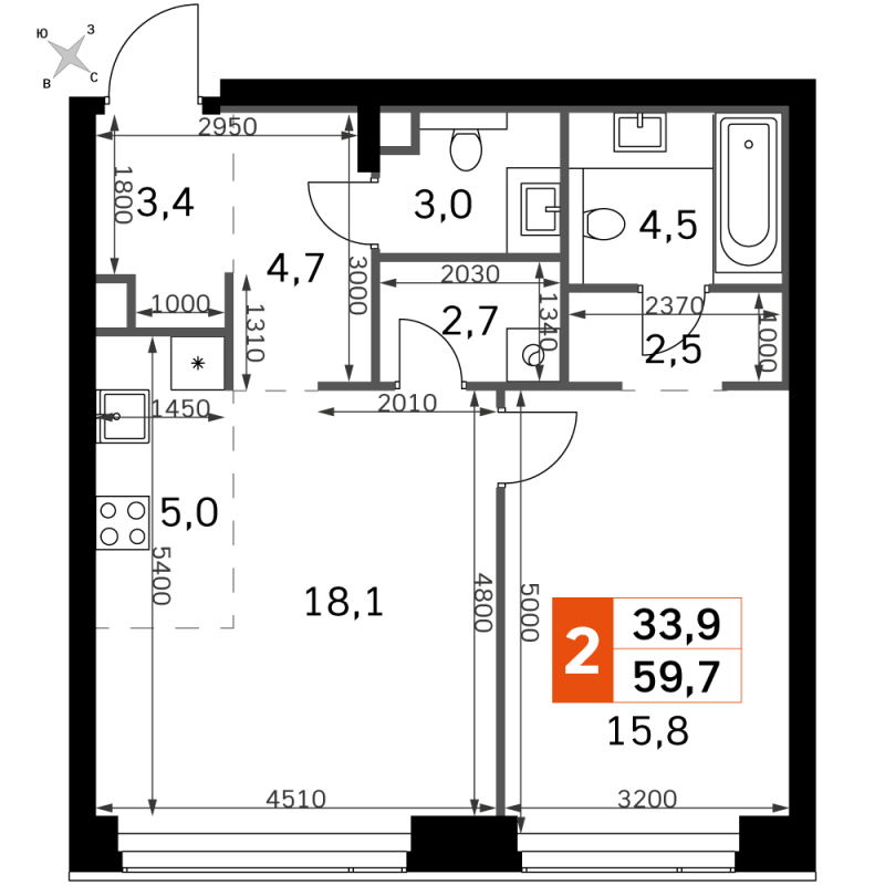 2 ккв (Евро) 59,7 м²