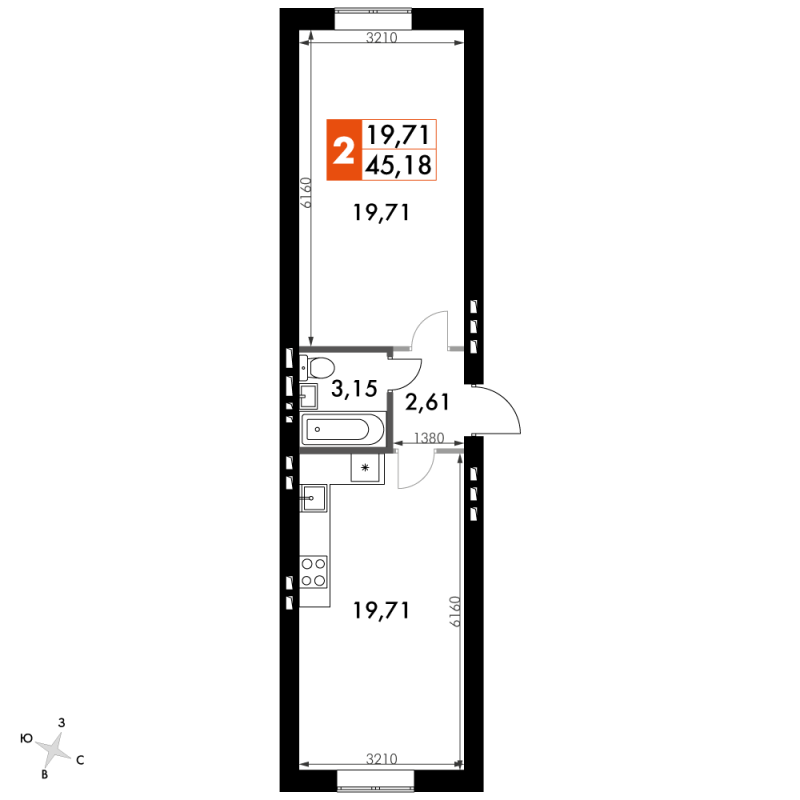 2 ккв (Евро) 45,4 м²