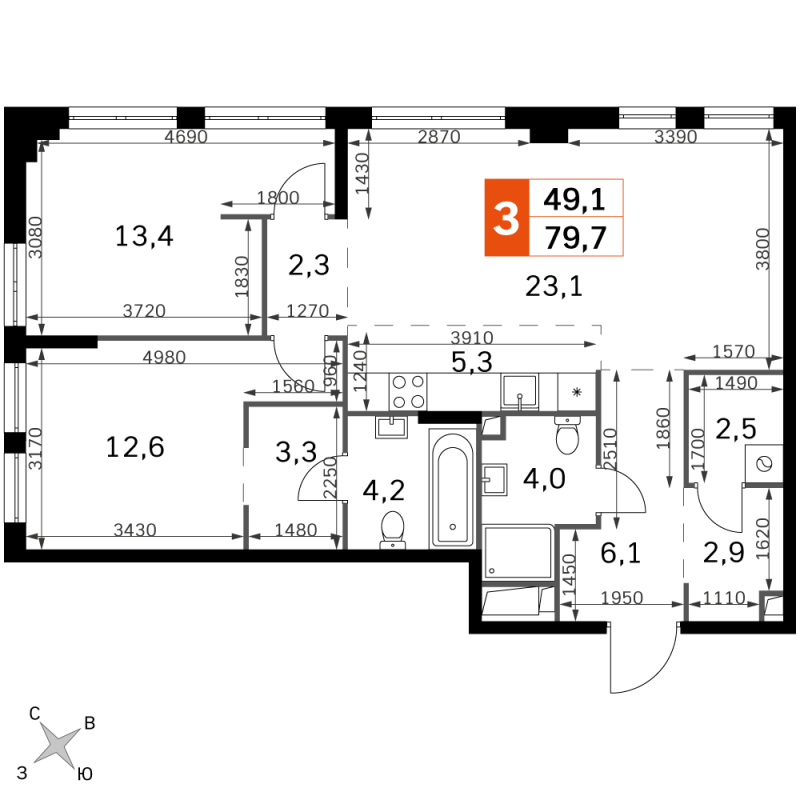 3 ккв (Евро) 79,7 м²