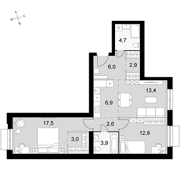 3 ккв (Евро) 73,7 м²