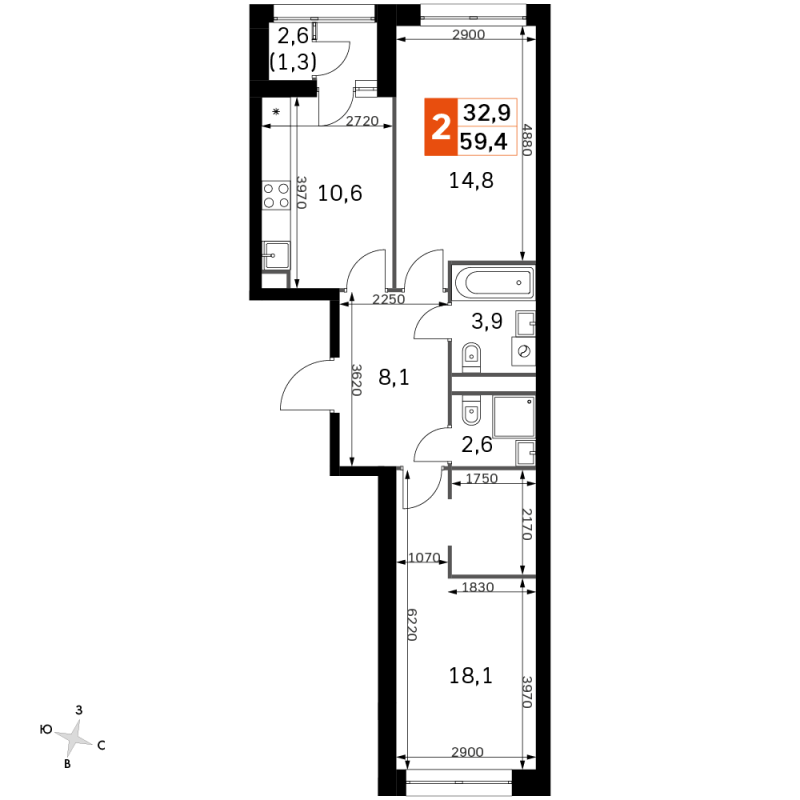 2 ккв 59,2 м²