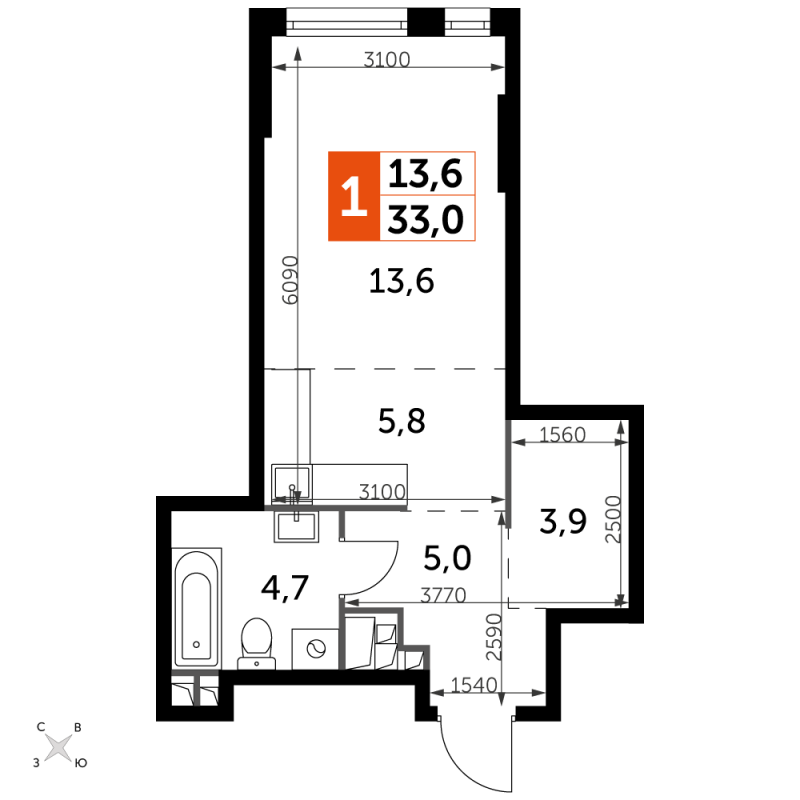 Студия 33 м²