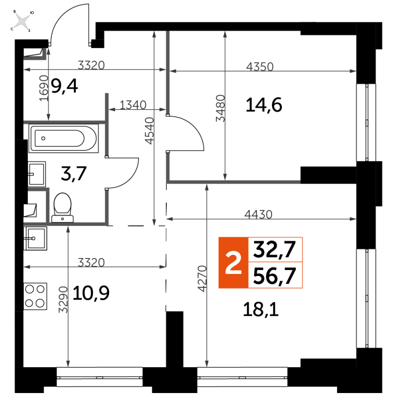 2 ккв (Евро) 56,7 м²