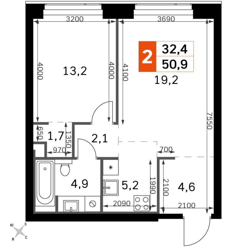 2 ккв (Евро) 50,9 м²
