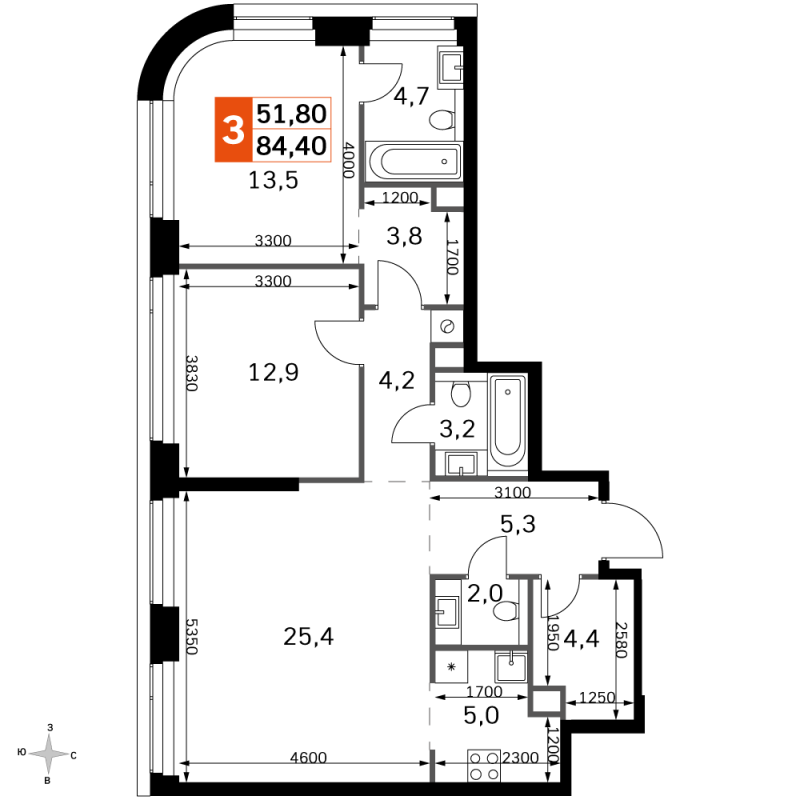 3 ккв (Евро) 84,4 м²