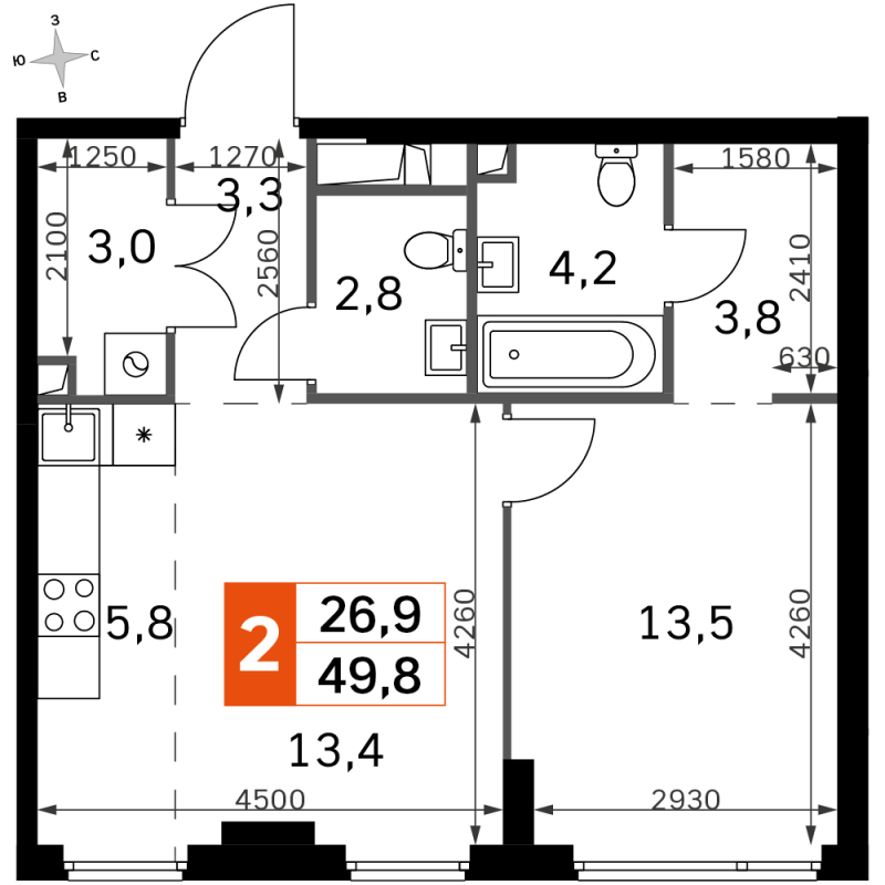 2 ккв (Евро) 49,8 м²