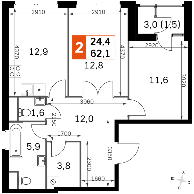 2 ккв 61,1 м²
