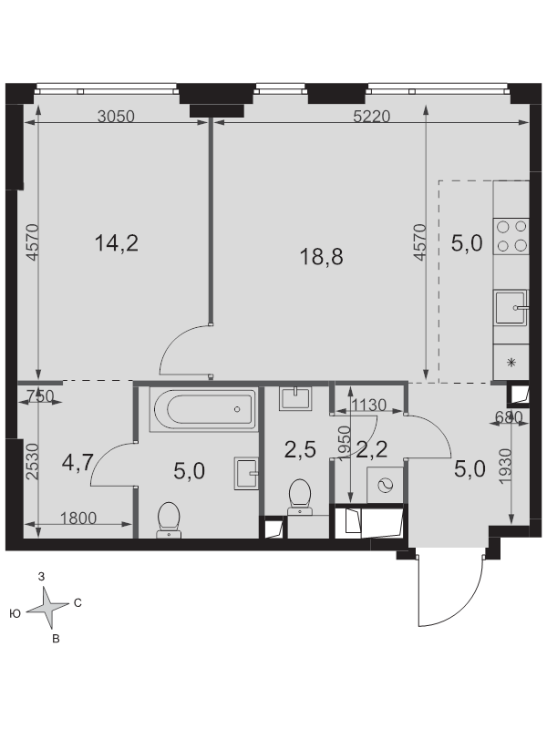 2 ккв (Евро) 57,4 м²