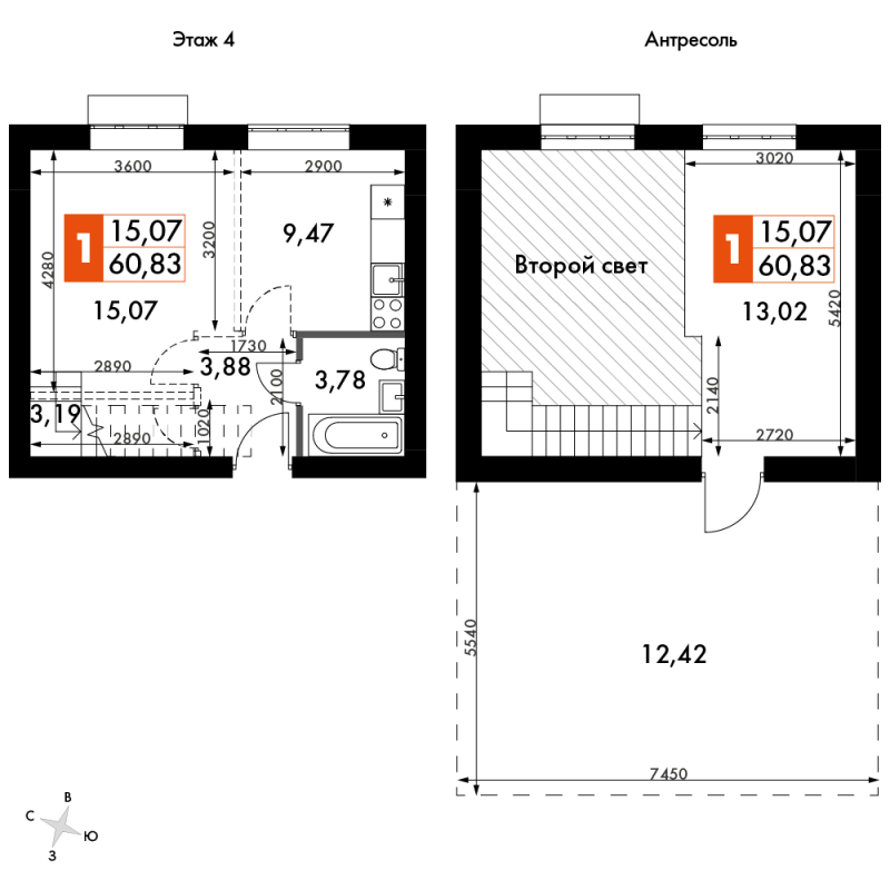 2 ккв (Евро) 60,8 м²