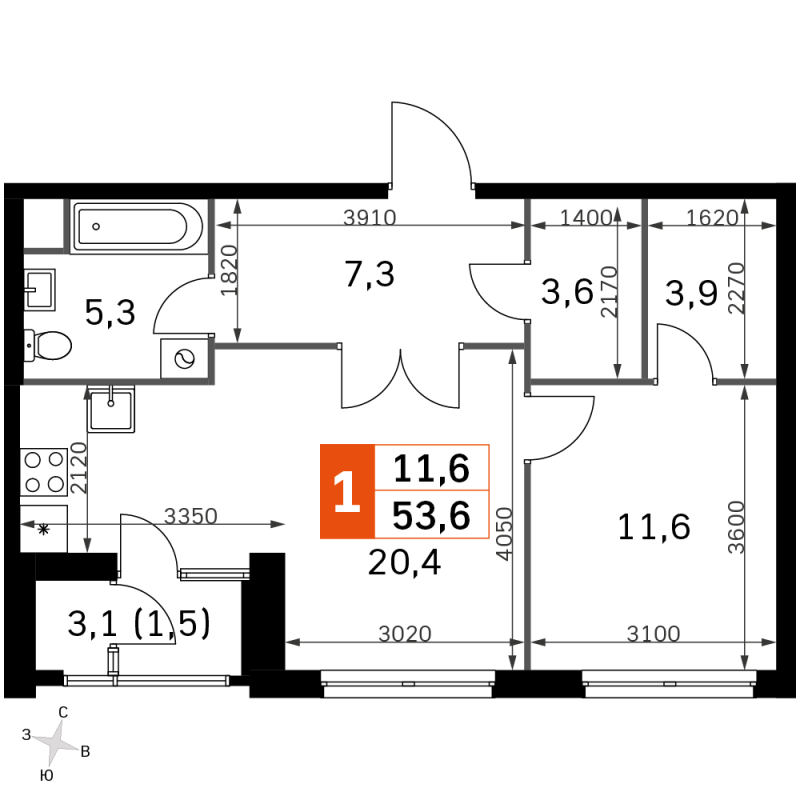2 ккв (Евро) 51,6 м²