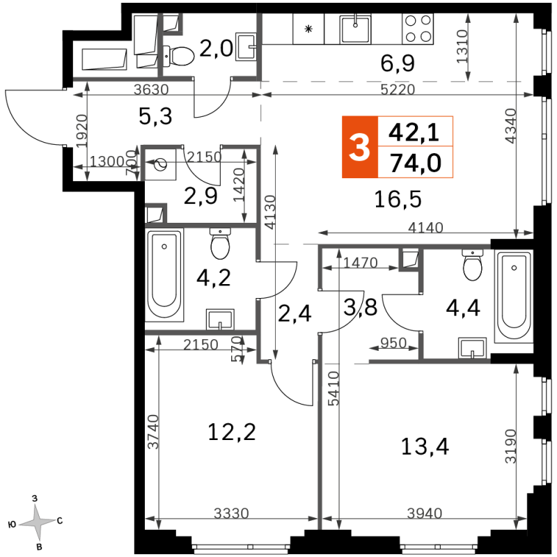 3 ккв (Евро) 74 м²