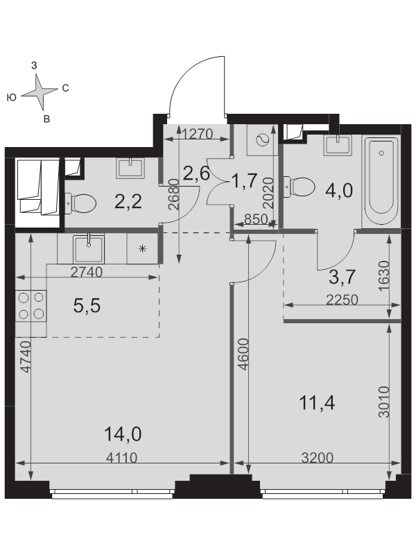 2 ккв (Евро) 45,1 м²