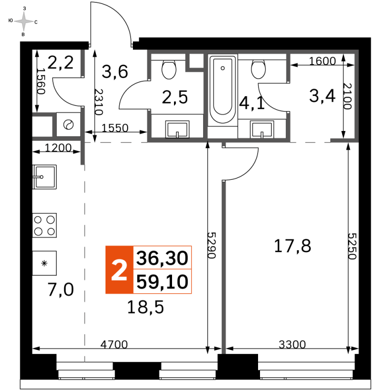 2 ккв (Евро) 59,1 м²