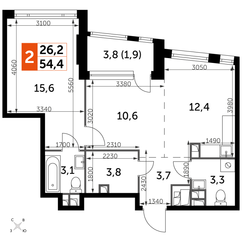 2 ккв (Евро) 54,4 м²