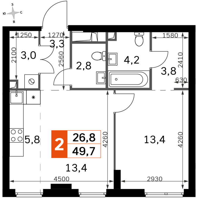 2 ккв (Евро) 49,7 м²