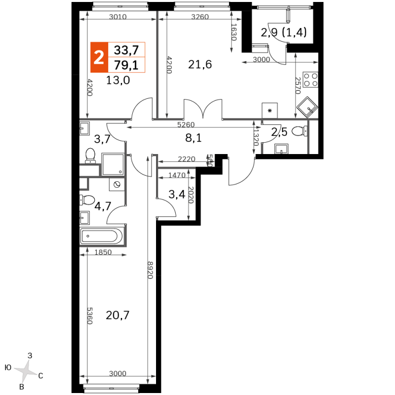 3 ккв (Евро) 77 м²