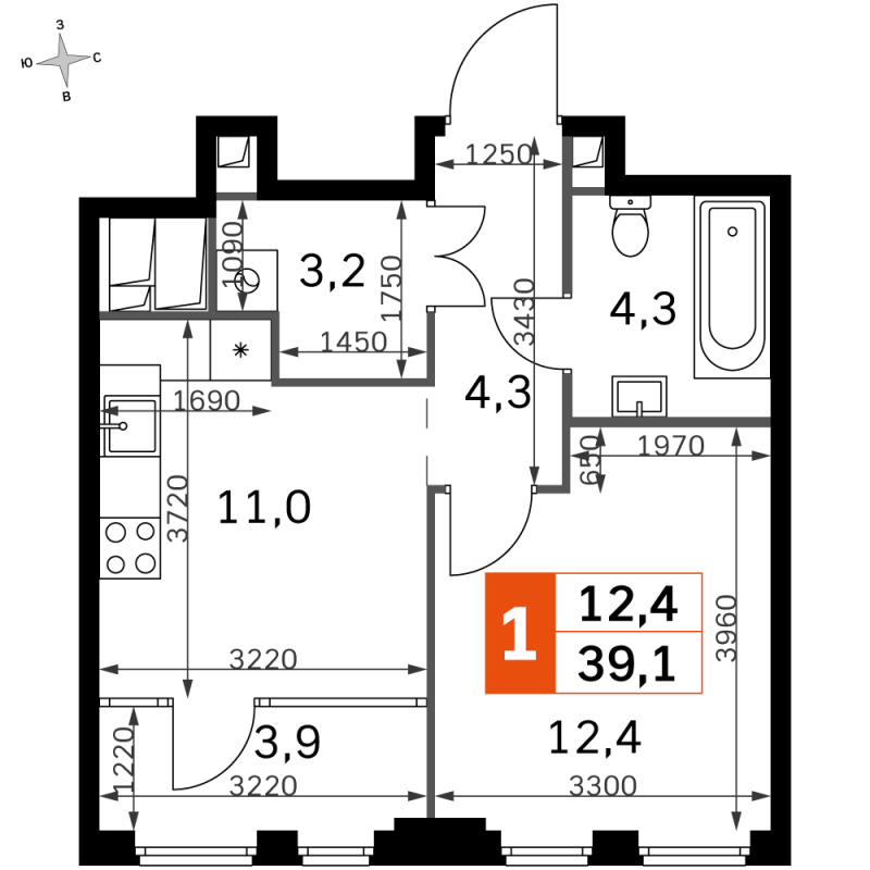 1 ккв 39,1 м²