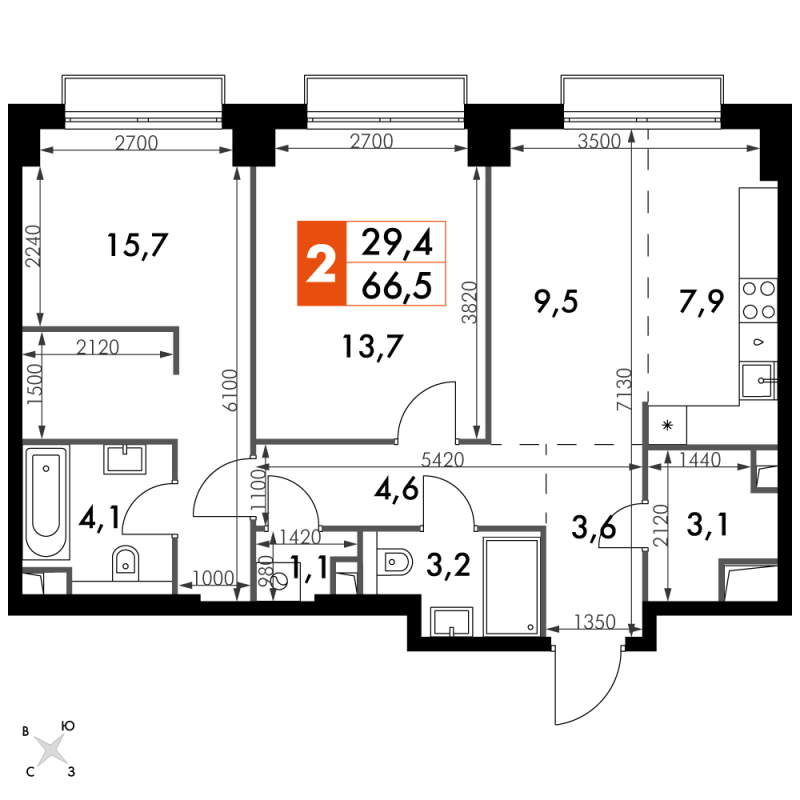 3 ккв (Евро) 66,5 м²