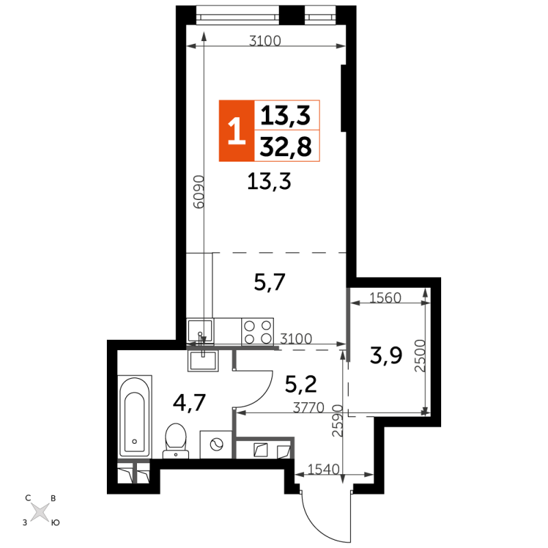 Студия 32,8 м²