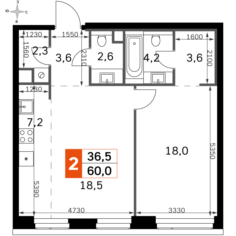 2 ккв (Евро) 60 м²