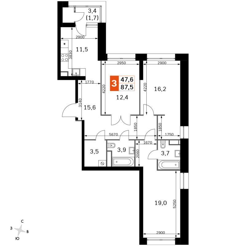 3 ккв 86,7 м²