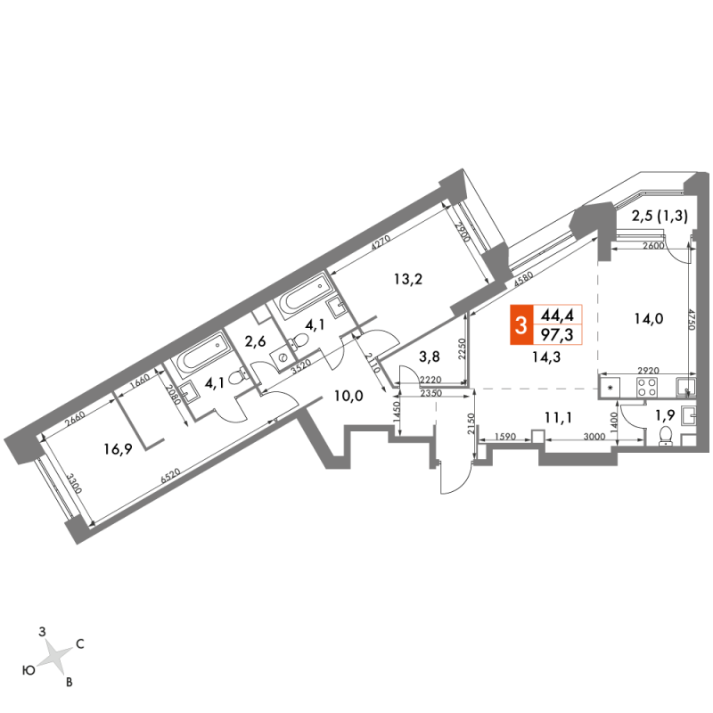 3 ккв (Евро) 97,3 м²