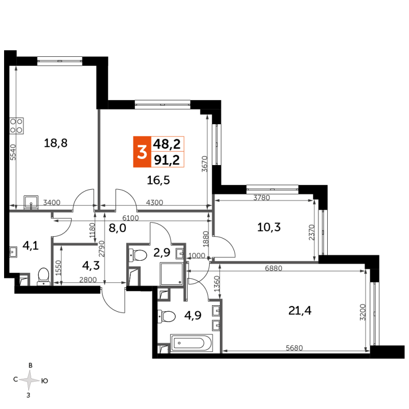 4 ккв (Евро) 91,3 м²