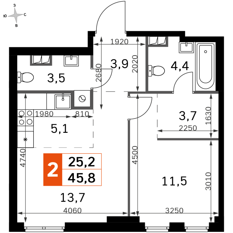 2 ккв (Евро) 45,8 м²