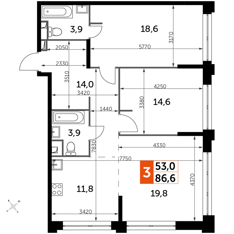 3 ккв (Евро) 86,6 м²