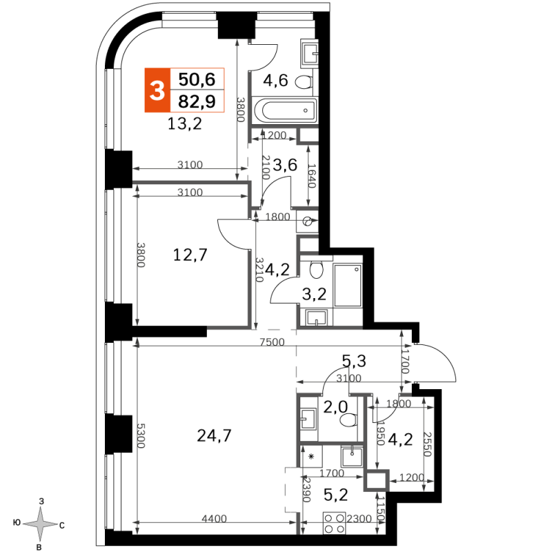 3 ккв (Евро) 82,9 м²