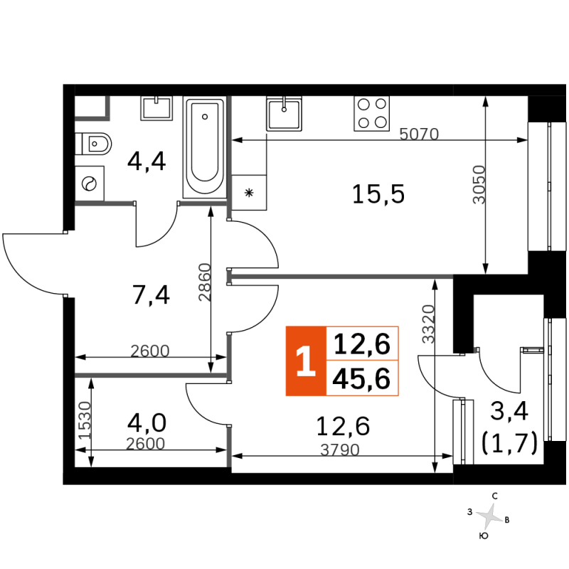 2 ккв (Евро) 45,4 м²