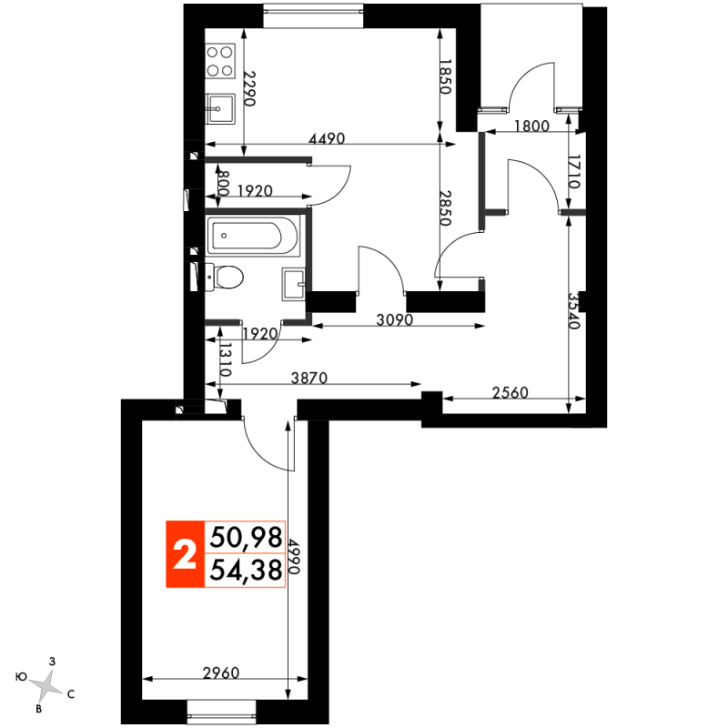 2 ккв (Евро) 57,6 м²
