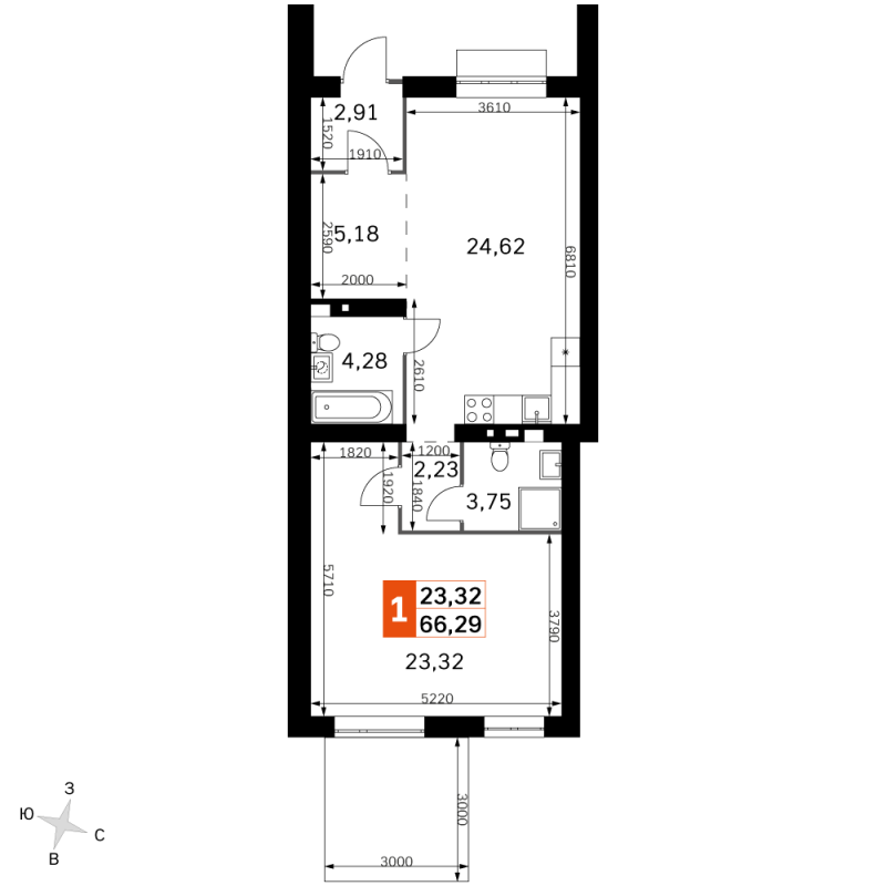 2 ккв (Евро) 66,3 м²