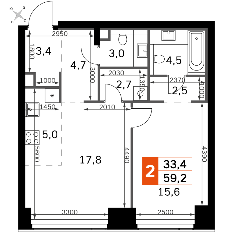 2 ккв (Евро) 59,2 м²