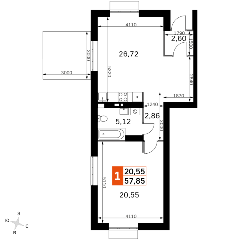 2 ккв (Евро) 57,9 м²