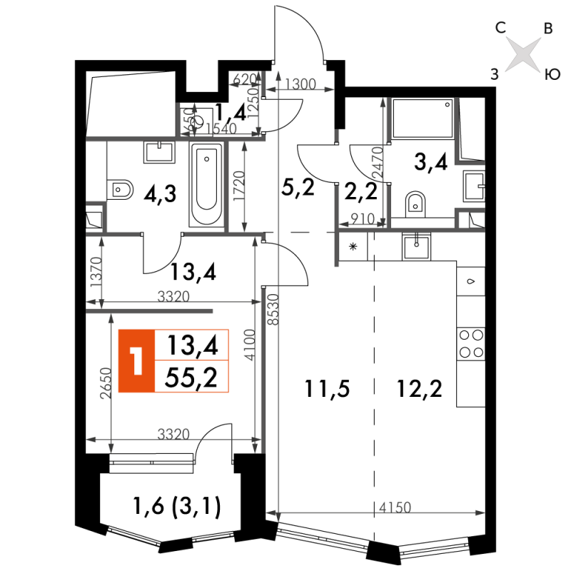 2 ккв (Евро) 55,2 м²