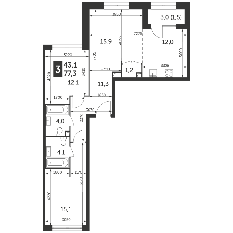 3 ккв 77,3 м²