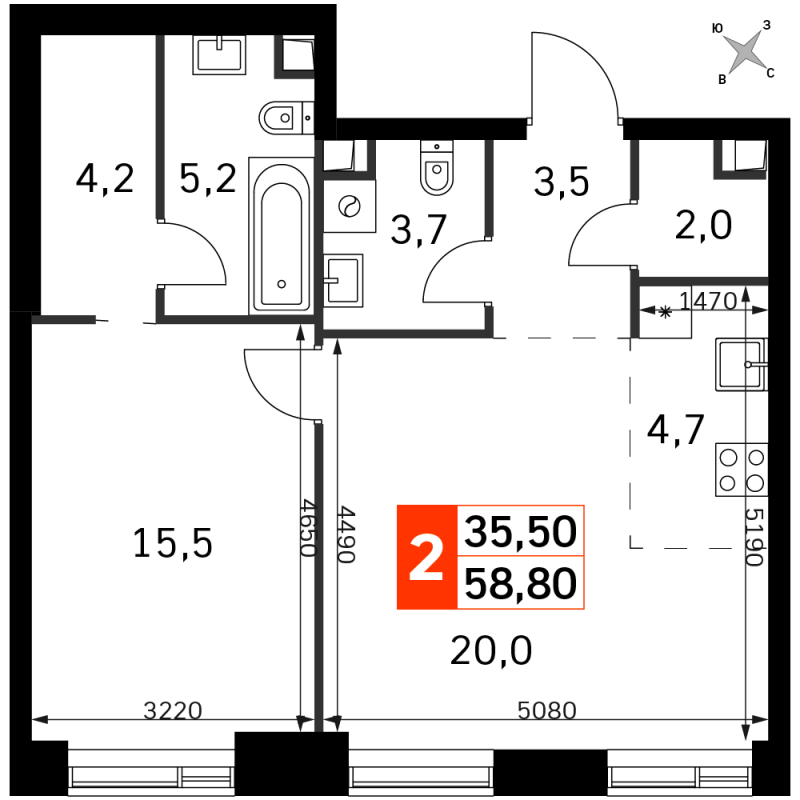 2 ккв (Евро) 58,8 м²