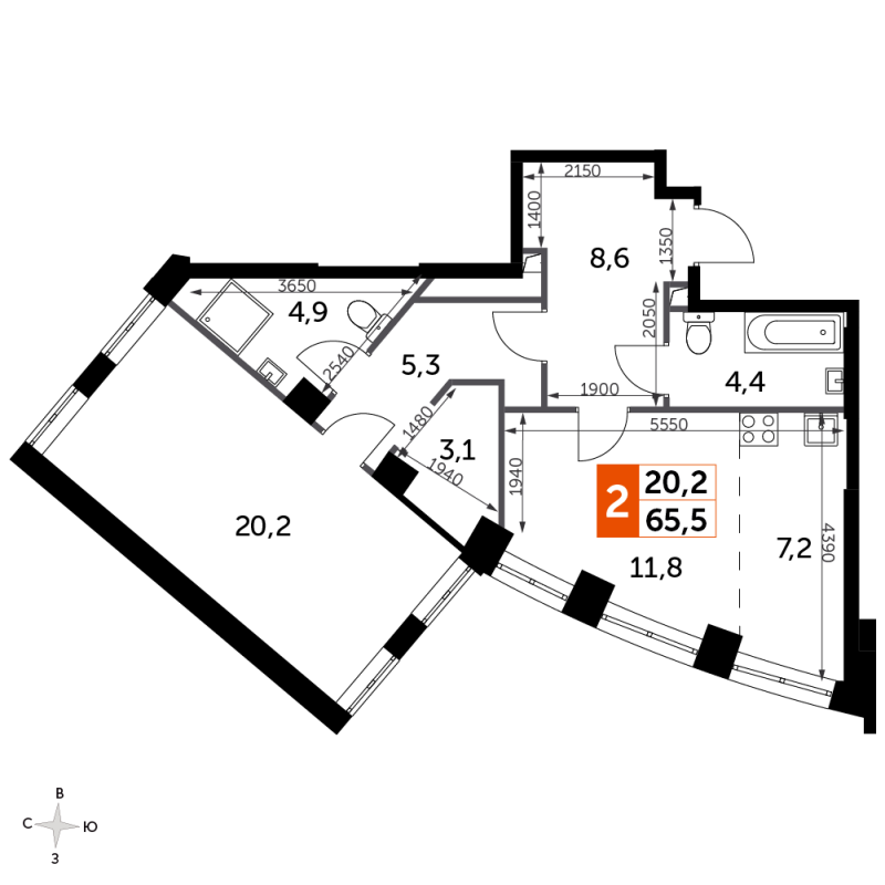 2 ккв (Евро) 65,4 м²