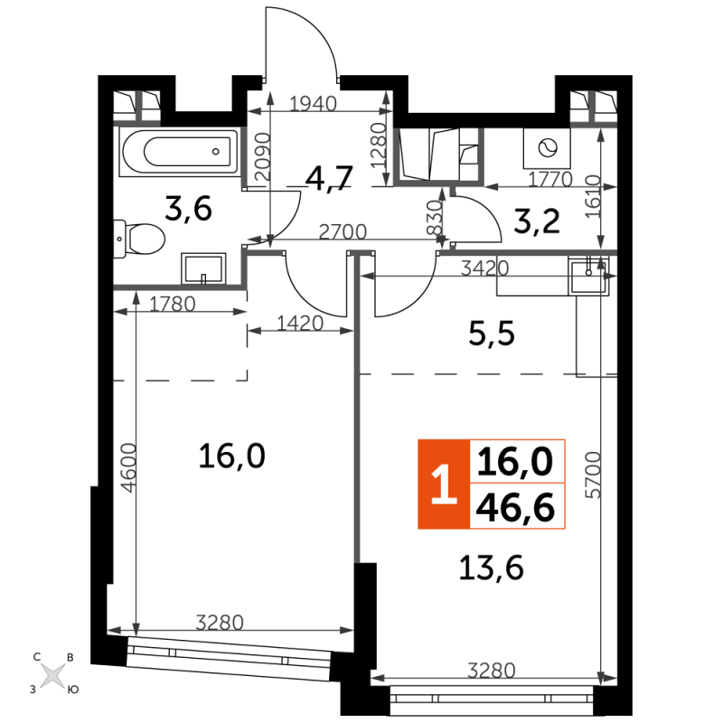 1 ккв 46,6 м²