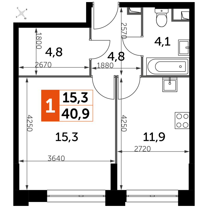 1 ккв 40,9 м²