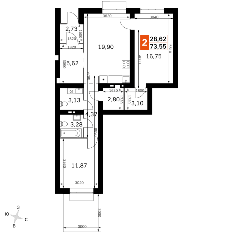 3 ккв (Евро) 73,6 м²
