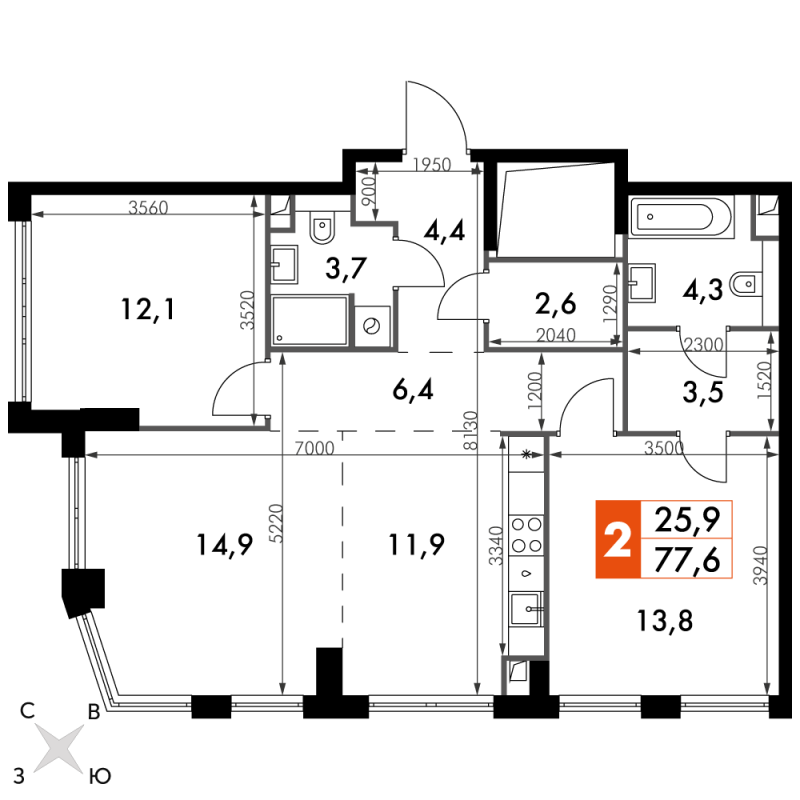 3 ккв (Евро) 77,6 м²