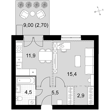 1 ккв 42,9 м²