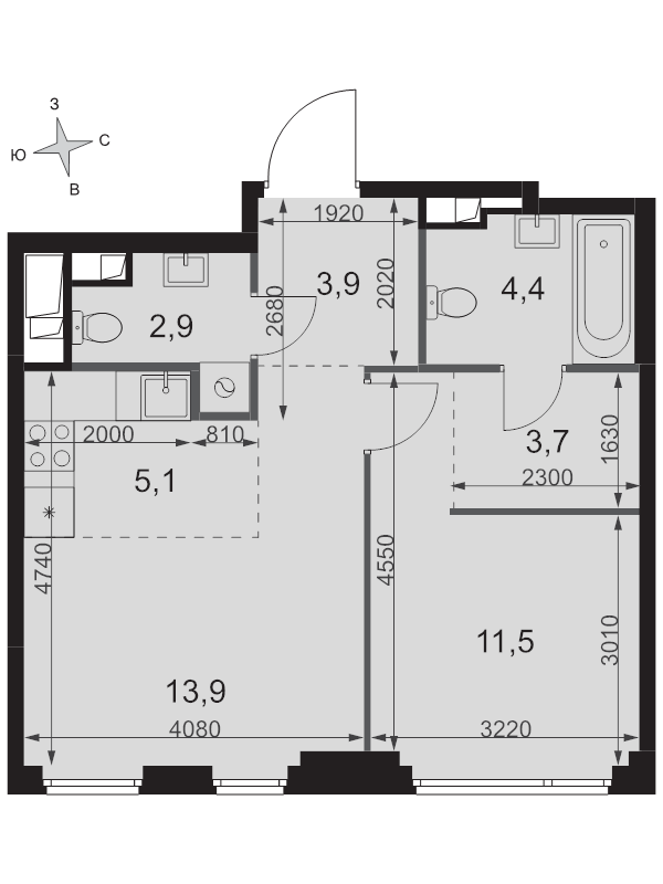 2 ккв (Евро) 45,4 м²