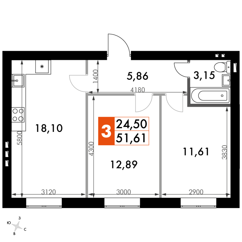 3 ккв (Евро) 51,6 м²