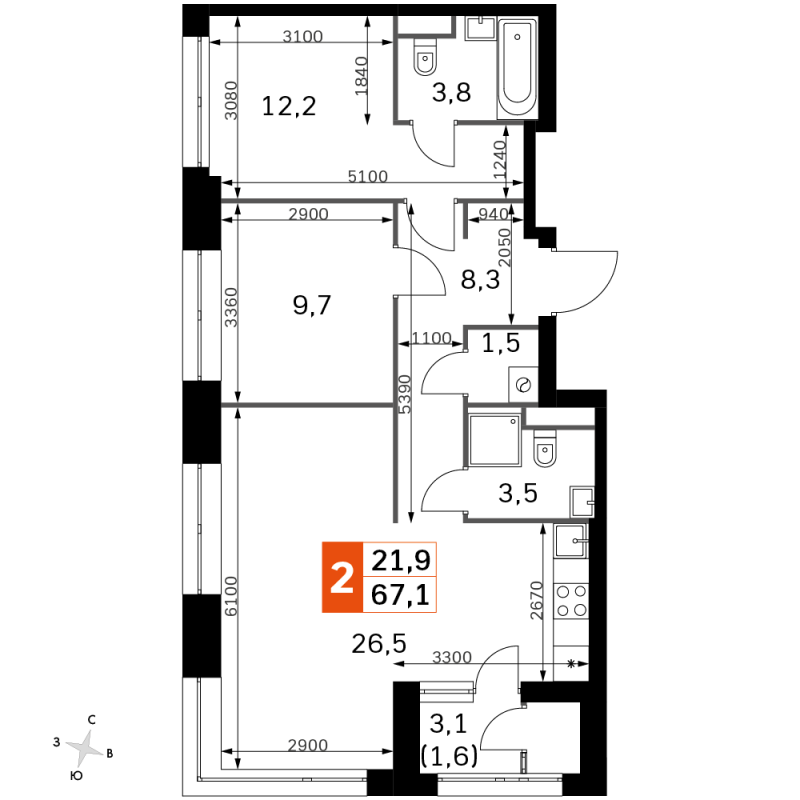3 ккв (Евро) 66,8 м²