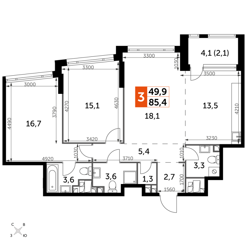 3 ккв (Евро) 85,4 м²