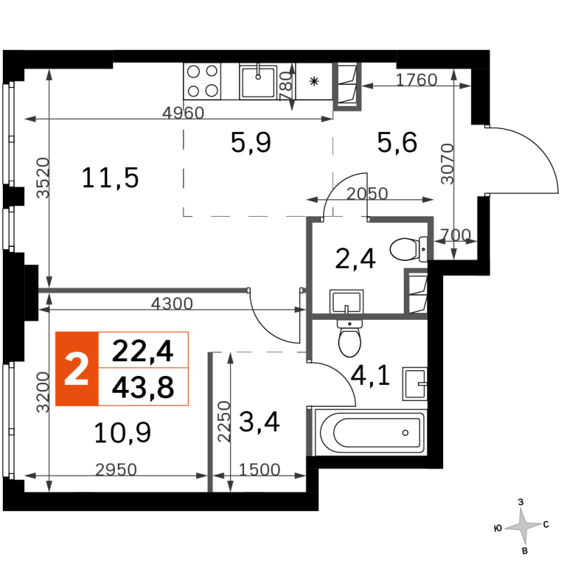 2 ккв (Евро) 43,8 м²