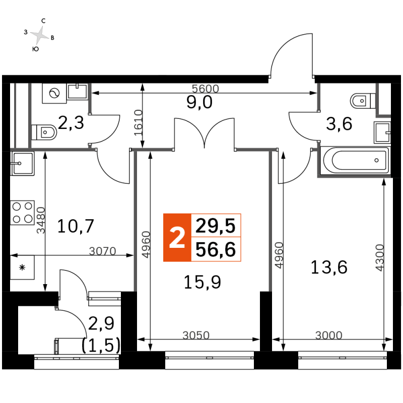 2 ккв 56,7 м²